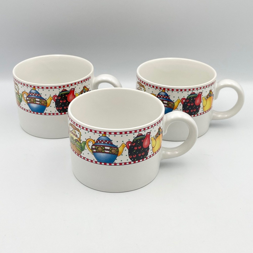 Vintage‎ 1994 Sakura Mary Engelbreit Afternoon Tea Cups Set of 3 Teapot Motif